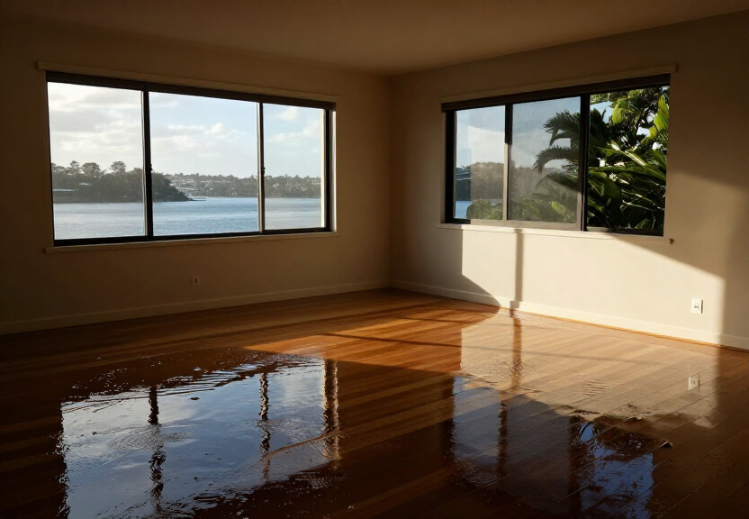 Flood-damaged living room in Glenfield before restoration